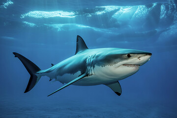 Fototapeta premium Great White Shark in Ocean with Sun Rays Above underwater
