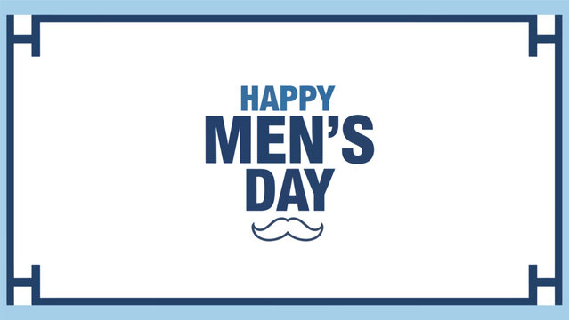 Happy mens day celebration graphic with stylized mustache and decorative border in blue and white tones
