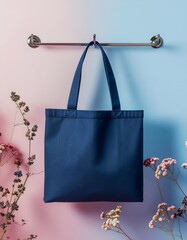 Stylish Navy Tote Bag Hanging with Floral Accents on Gradient Background