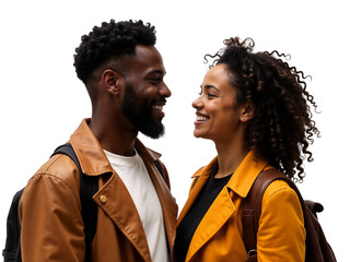 Couple smiling at each other with joy during a friendly encounter in a bright setting