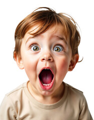 Young boy expresses surprise with wide-open mouth and big blue eyes in a bright setting during daylight
