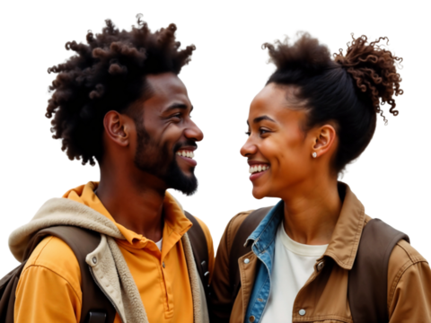 Couple enjoying a joyful moment with bright smiles while wearing casual clothing