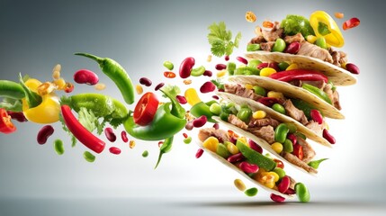 Colorful tortillas filled with a variety of fresh meats and veggies burst into a whirlwind of flavor and texture. This dynamic design captures the essence of modern taqueria culture