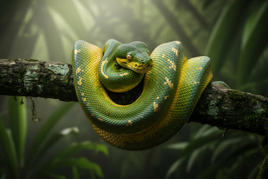 Green Tree Python Coiled on Mossy Branch in Misty Jungle