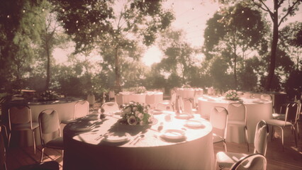 Tables with elegant floral centerpieces are set up in a serene garden. Soft sunlight filters through trees, creating a warm atmosphere for a special gathering.