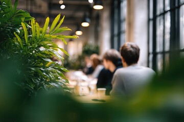 Green Office Plants And People Working In Modern Coworking Space With Warm Lights