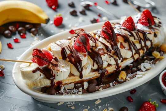 Banana split dessert made with waffles, strawberries, chocolate syrup, and powdered sugar, laying on a white plate