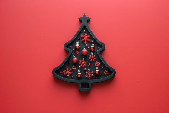 Black wooden Christmas tree with red glitter snowflakes and mini baubles. Holiday decor on a red background.