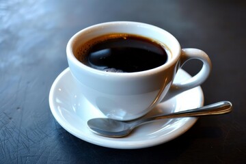 Steaming cup of black coffee sits on a table, ready to be enjoyed