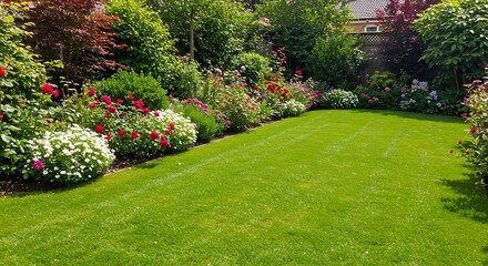Fototapeta premium Lush Green Lawn and Vibrant Flower Beds in a Beautifully Maintained Garden on a Sunny Day.