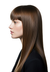 Young caucasian woman with sleek brunette hair, blunt fringe, profile, transparent studio, copy space, concept for high-end beauty advertising