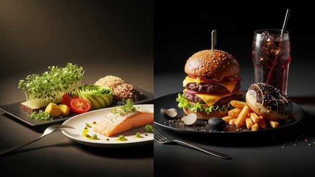 Healthy Eating vs. Unhealthy Fast Food: Fresh Salmon, Salad, Grains Contrasted with Burger, Fries, Soda, and Dessert Choices - Powered by Adobe