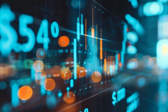 Stock market graph showing numbers and percentages with city lights blurred in background