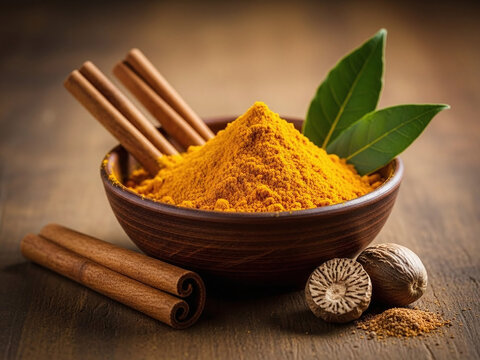 Turmeric powder in a rustic bowl, with cinnamon sticks, bay leaves, and nutmeg on a wooden surface, highlighting natural spices