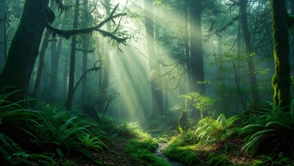 Fototapeta premium mysterious foggy forest, lush green tones, atmospheric lighting, calming nature scenery, cinematic aesthetic