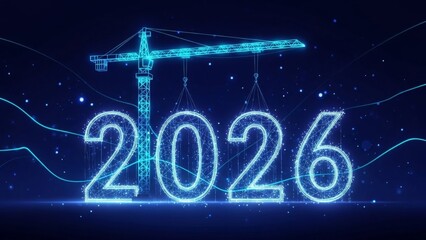 Crane building glowing 2026 numbers. New year construction concept for upcoming future. Celebration of Christmas and New Year.
