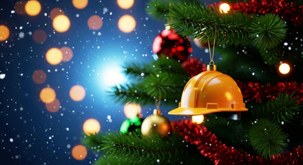 Fototapeta premium Yellow construction hard hat ornament hangs on a Christmas tree. Festive holiday decoration for workers and industry celebration concept.
