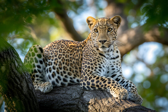 Leopard Resting on Tree Branch in Lush Green Forest