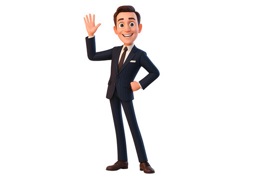 Smiling cartoon businessman waving hello friendly corporate character digital illustration concept