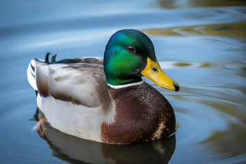 Mallard duck swimming in rippling blue Water
