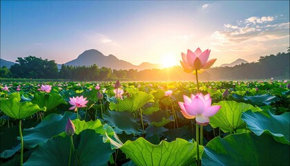 A beautiful landscape featuring blooming lotus flowers in a pond with mountains in the background, illuminated by the sunrise.