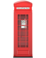 Red telephone box, front view, transparent background