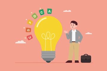 energy efficiency, energy saving level on a home or industrial scale, man presents lightbulb with energy efficient rating class to save cost green energy
