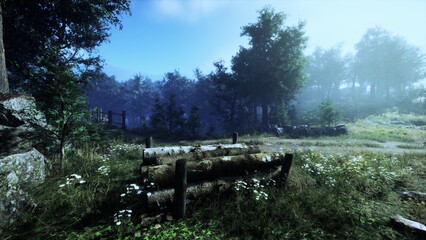 Fototapeta premium In a peaceful forest clearing, dew glistens on grass and wildflowers as sunlight filters through trees. Fallen logs lie amidst the lush greenery, inviting calm reflection in nature.