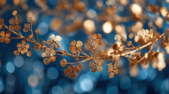 Festive golden holiday decoration on a blurred blue background creating an abstract celebratory atmosphere. High quality