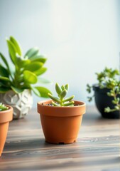 Obraz premium Potted succulent plant arrangement, isolated object on wooden table, indoor environment, no people.