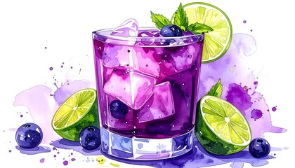 Colorful watercolor style painting of a purple drink with ice, limes and blueberries, on white
