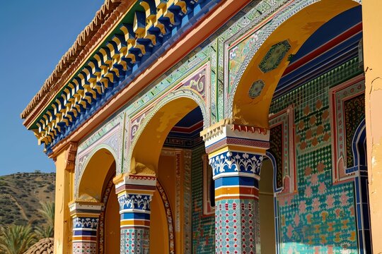 Traditional moroccan architecture featuring colorful ceramic tiles and ornate arches, creating a vibrant and exotic ambiance