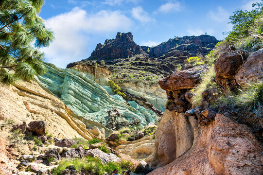 Los Azulejos de Veneguera: Rainbow colored rocks in the Mountains of Gran Canaria Island, Spain.