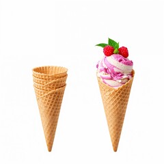 Delicious raspberry ripple ice cream in a waffle cone with extra cones