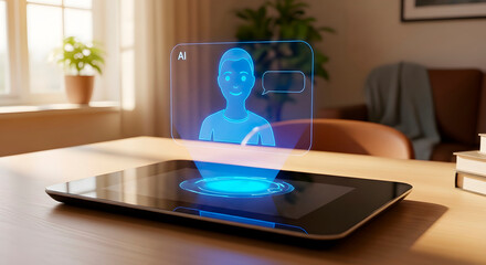 Holographic AI assistant icon from digital tablet. Future personal AI bot virtual communication and smart home assistant service.