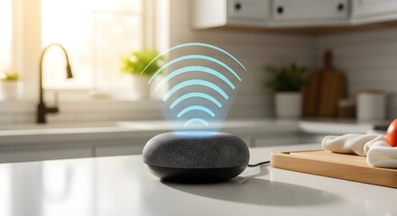 Wireless smart speaker for voice control on kitchen counter. Home assistant device with sound waves for smart home automation concept.