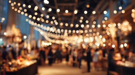 Abstract blurred background of a bustling indoor event with warm ambient lighting creating a festive atmosphere. High quality