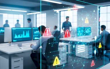 Men overlooking data breach and cyber security threats in modern office with digital interface overlay. Cybersecurity concept for business protection.