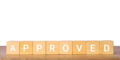 Wooden blocks with approved word for confirmation and success concept, isolated on transparent background