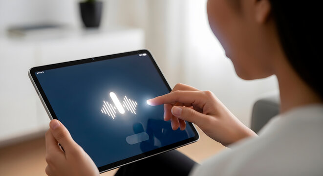 Woman interacting with voice assistant on digital tablet. Artificial intelligence and speech recognition technology for smart home control and personal productivity. - Powered by Adobe
