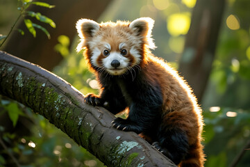 Red Panda Perched on Tree Branch in Sunlight animal