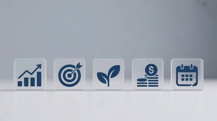 Minimal Target, Eco Leaf and Dollar Icons on Clean Tiles.
