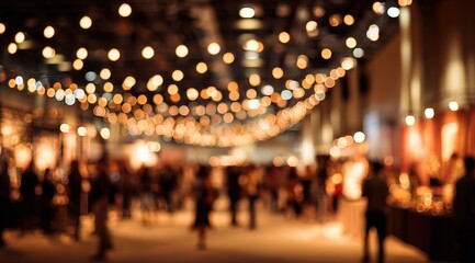 Abstract blurred background of a bustling indoor event with warm ambient lighting creating a festive atmosphere. High quality