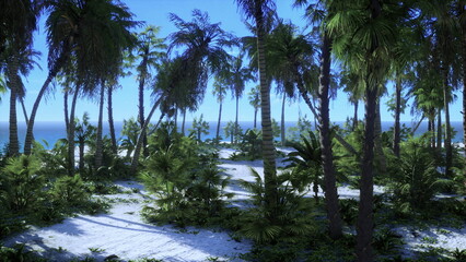 Bright sunlight streams down through lush green palm trees on a serene tropical beach. The warm sands softly blend with the rich greenery, creating a perfect paradise.