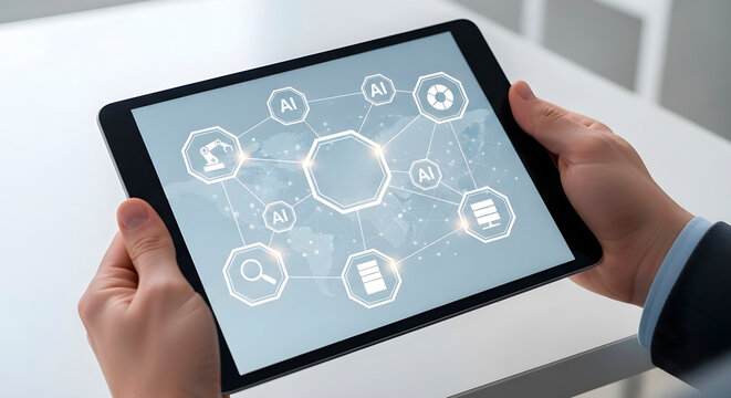 Man holding digital tablet displaying network of artificial intelligence icons. Ai concept for business integration, industry automation.