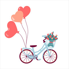 Hello spring card or happy Valentine s day. Bicycle with a beautiful bouquet of flowers and green leaves and red heart balloons . Vector hand drawn illustration isolated on white background.