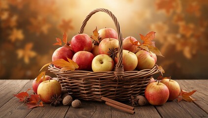 A bountiful woven basket overflowing with ripe red and yellow apples