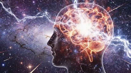 Glowing brain silhouette overlaid on a starfield featuring stylized comets and cosmic clouds - Powered by Adobe
