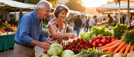 Happy senior couple shopping for fresh produce at an outdoor farmers market during sunset.