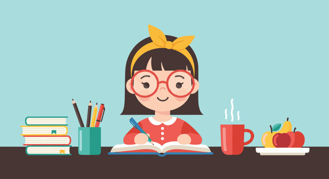 A young girl diligently studies at her desk with books pens and a warm beverage beside her.